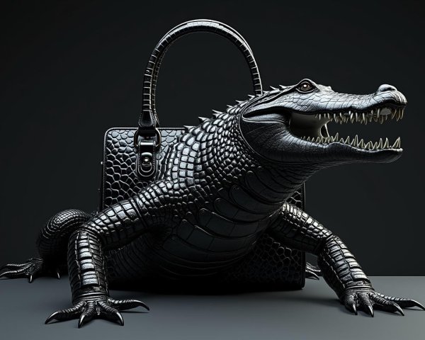 Black Crocodile-Style Handbag with Intricate Detailing