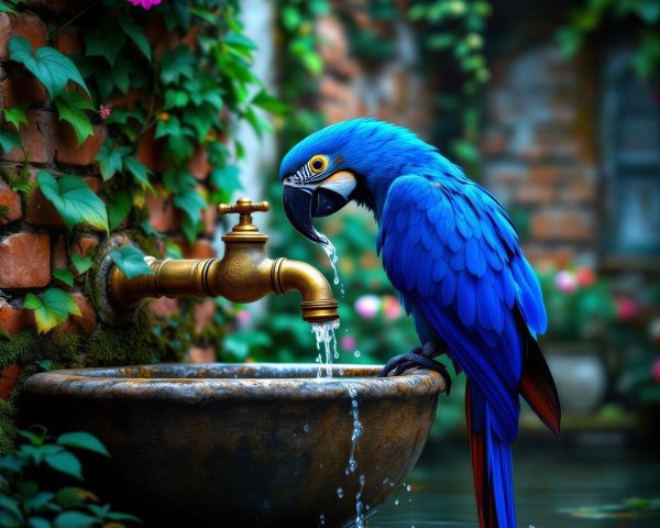 Blue Macaw by Water Fountain in Tropical Garden