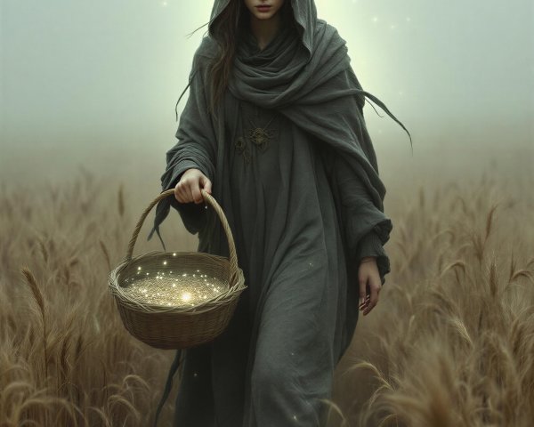 Mystical Figure in Gray Robe Walking Through Wheat Field