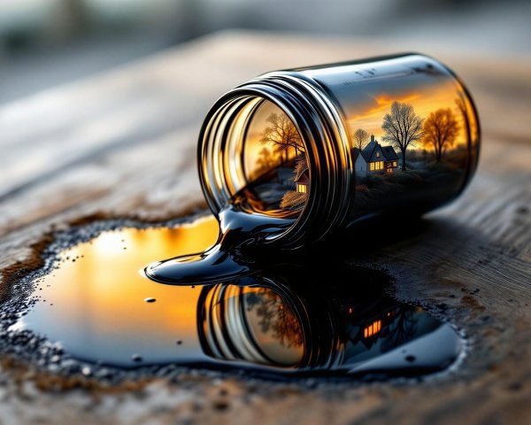 Glass Jar with Dark Substance and Cozy House Scene