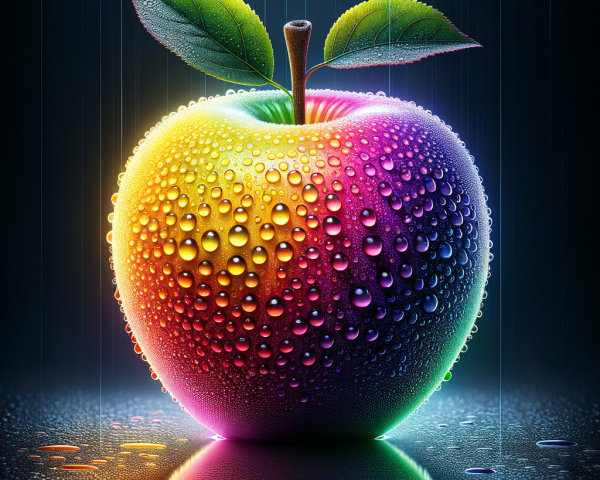 Vibrant Apple with Rainbow Gradient and Water Droplets