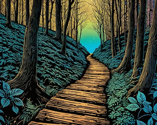 Serene Forest Path with Sunset Sky and Lush Greenery