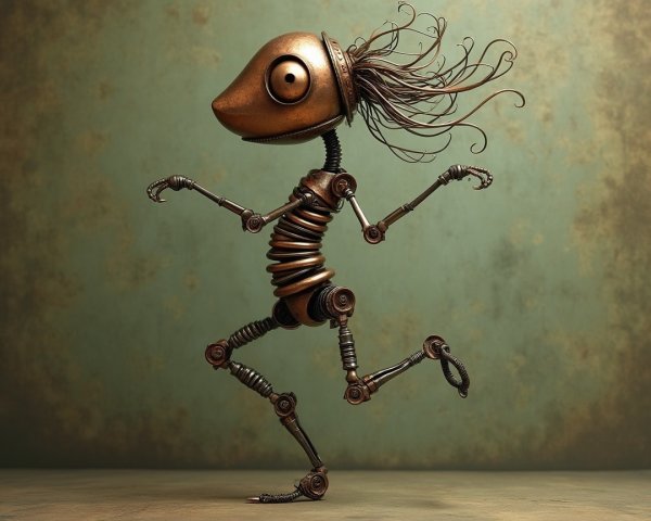 Whimsical Bronze Robot with Playful Expression and Springs