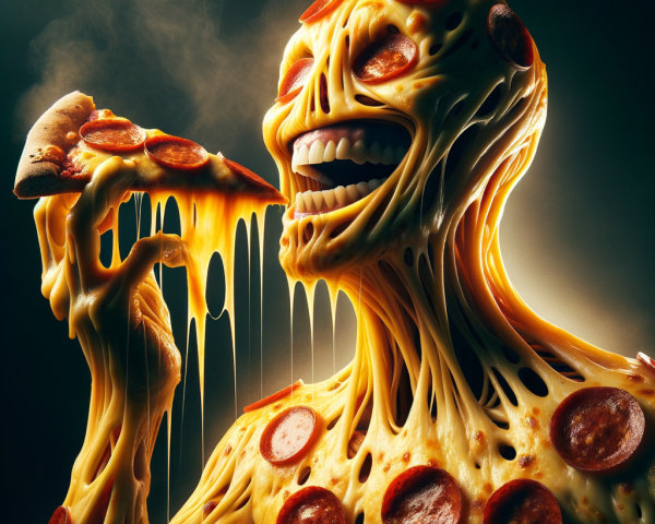 Whimsical Humanoid Figure Made of Cheese and Pepperoni