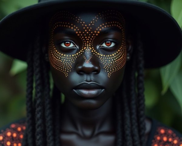 Portrait of a person with colorful face paint and hat