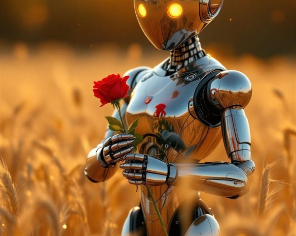 Futuristic Robot Holding a Red Rose in Golden Field