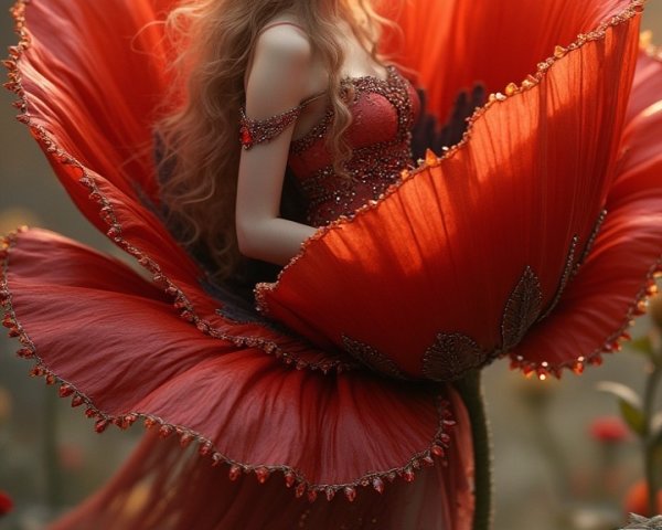 Ethereal Figure Emerging from a Red Poppy Bloom
