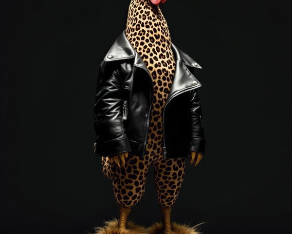 Whimsical Chicken in Leather Jacket and Leopard Print