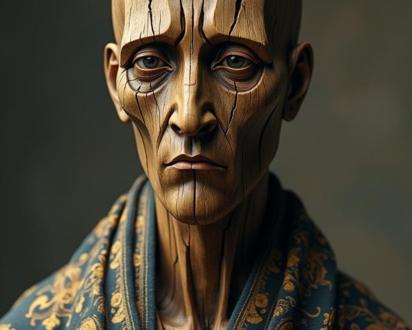 Intricately Carved Wooden Humanoid Figure with Robe