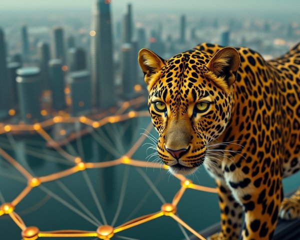 Leopard Overlooking Modern City with Digital Elements