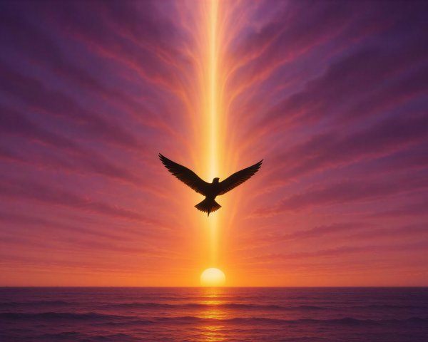 Bird Silhouette Against Glowing Sunset Over Ocean