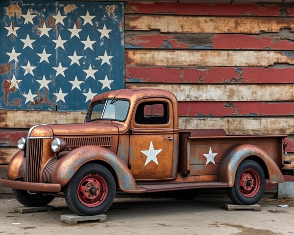 Vintage Pickup Truck Against Weathered Wooden Wall