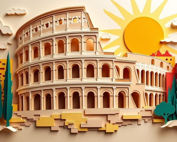 Vibrant Paper-Cut Art of the Colosseum in Sunlight