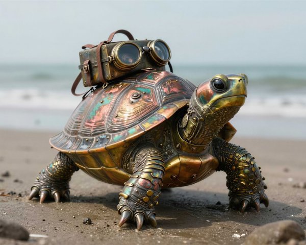 Steampunk Turtle with Ornate Metal Shell on Beach
