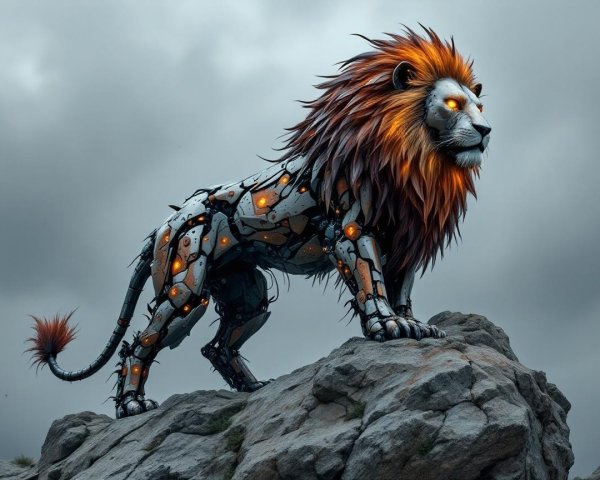 Robotic Lion on Rocky Outcrop with Fiery Mane