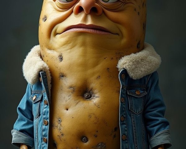 Humorous Anthropomorphic Potato in Denim Jacket