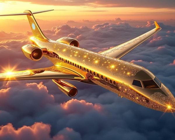 Golden Airplane in Vibrant Sunset Sky with Clouds