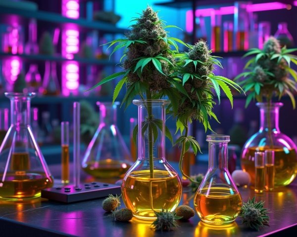 Laboratory with Neon Lights and Cannabis Plants