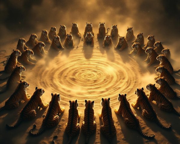 Tigers Meditating in a Mystical Twilight Scene