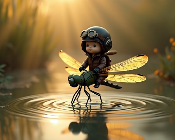 A small character in aviator gear on a dragonfly