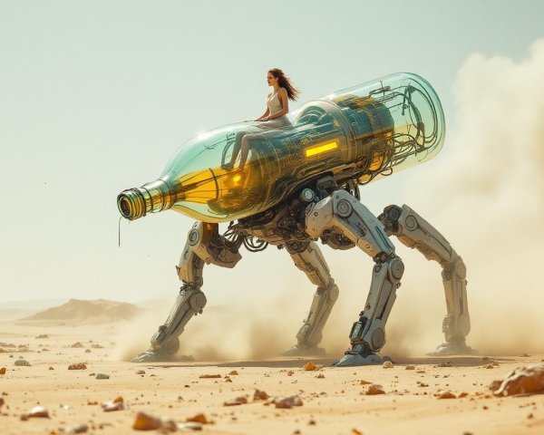 Futuristic Robot in Desert with Transparent Design