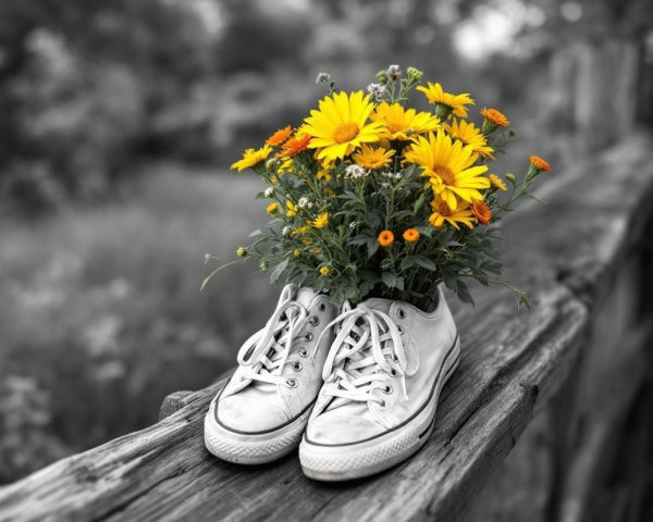 White Sneakers with Wildflowers on a Wooden Fence