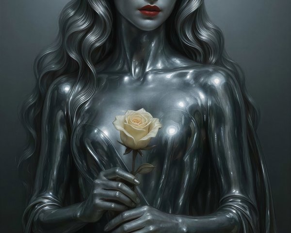 Reflective Liquid Metal Female Figure Portrait