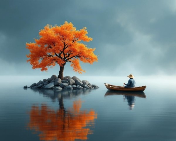 Lone Figure in Boat Approaching Vibrant Orange Tree