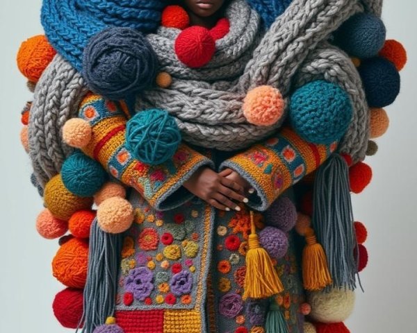 Oversized Colorful Coat with Pom-Poms and Floral Elements
