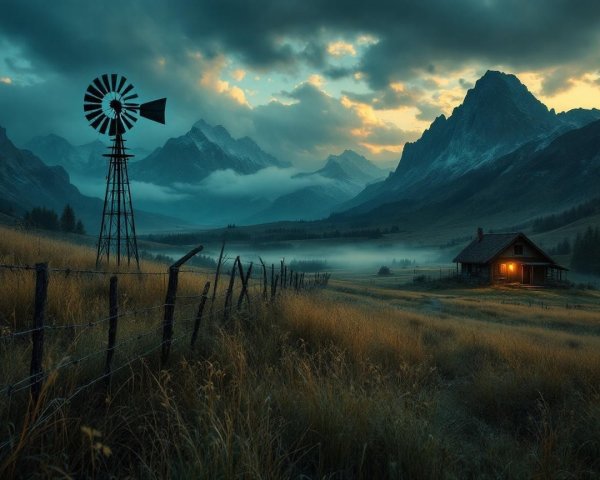 Serene Rural Landscape with Windmill and Cozy Cabin