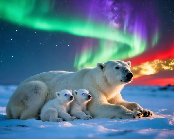 Polar Bear Family Under Aurora Borealis Night Sky