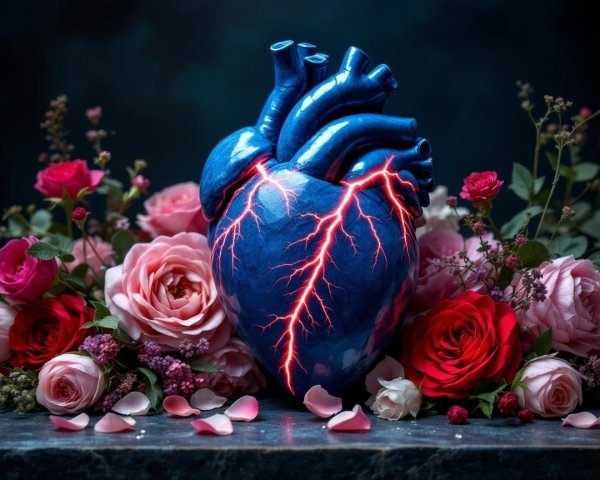 Blue Anatomical Heart Surrounded by Colorful Roses