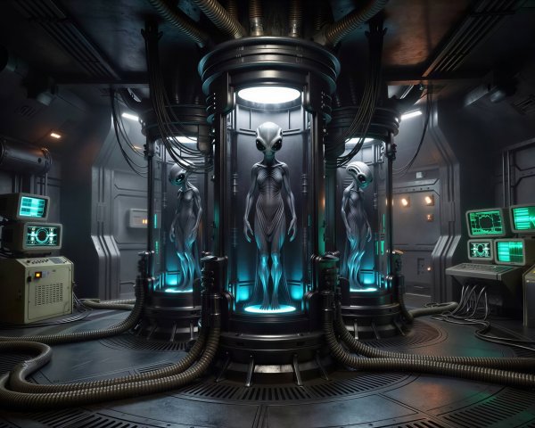Gray Aliens in Glass Pods in Sci-Fi Laboratory Setting