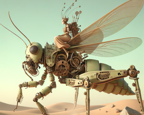 Mechanical Ant with Steampunk Fairy in Desert Scene