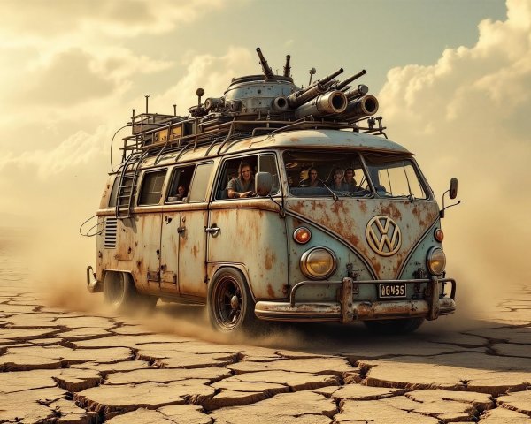 Vintage Volkswagen Van in Barren Landscape Scene