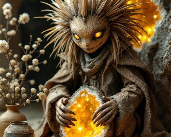 Whimsical creature with golden hair and glowing geode