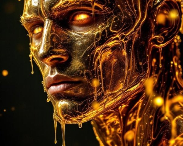 Humanoid figure with metallic gold sheen and glow