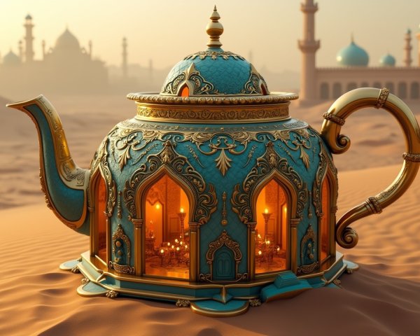 Ornate Teapot in a Desert Landscape with Domes