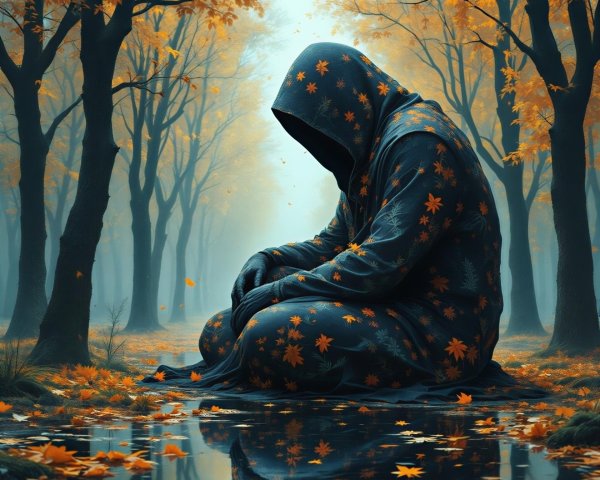 Autumn Forest Scene with Cloaked Figure by Pond