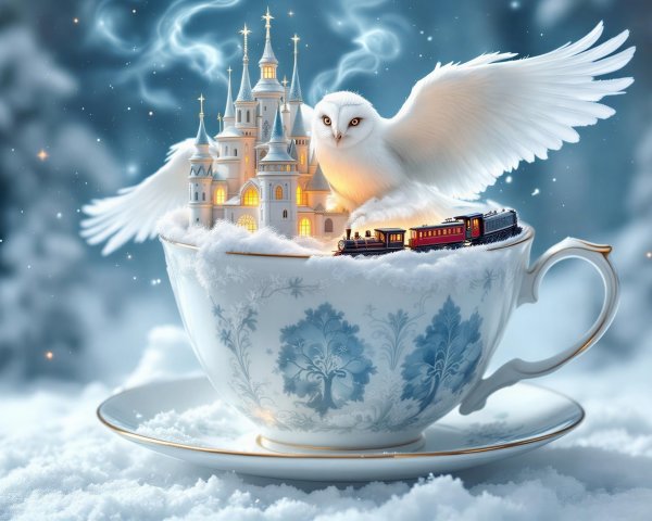 Whimsical Porcelain Teacup with Owl and Castle Scene