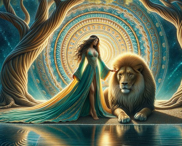 Serene Woman and Lion in Enchanted Forest Scene