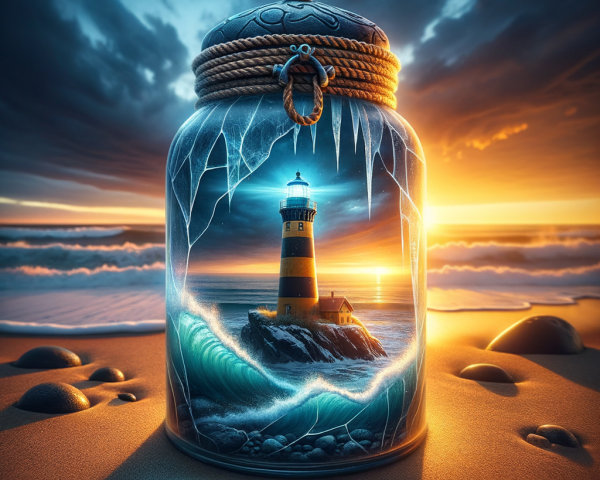 Lighthouse in Glass Jar on Sandy Beach at Sunset