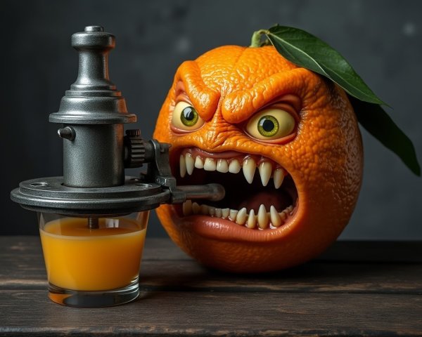 Exaggerated Orange with Juicer and Glass Background