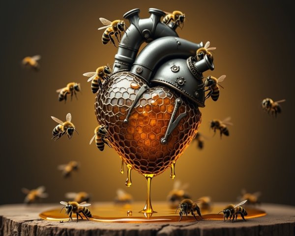 Stylized Metallic Heart with Honeycomb and Bees