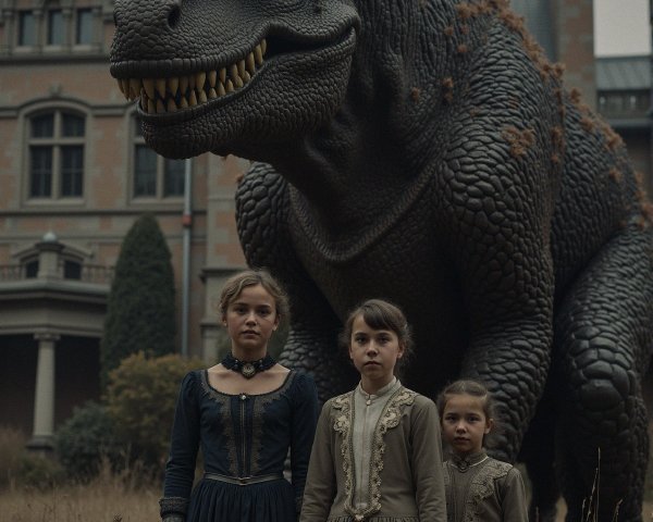 Three Girls in Vintage Dresses with T-Rex in Field