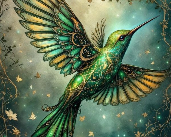 Vibrant Hummingbird Surrounded by Whimsical Vines