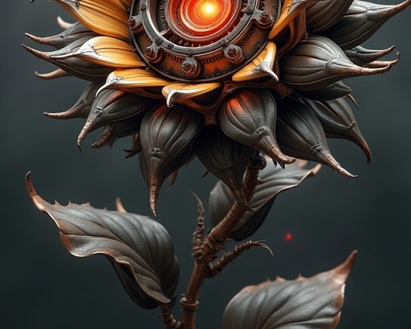 Futuristic sunflower with metallic petals and glowing core
