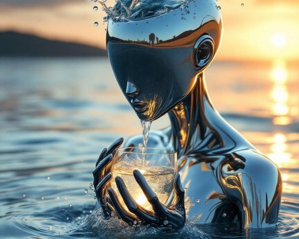 Futuristic humanoid figure in tranquil water at sunset