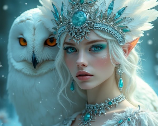 Mystical figure with owl in wintery enchanted setting