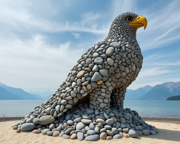 Sculpture of an eagle made from smooth stones on beach